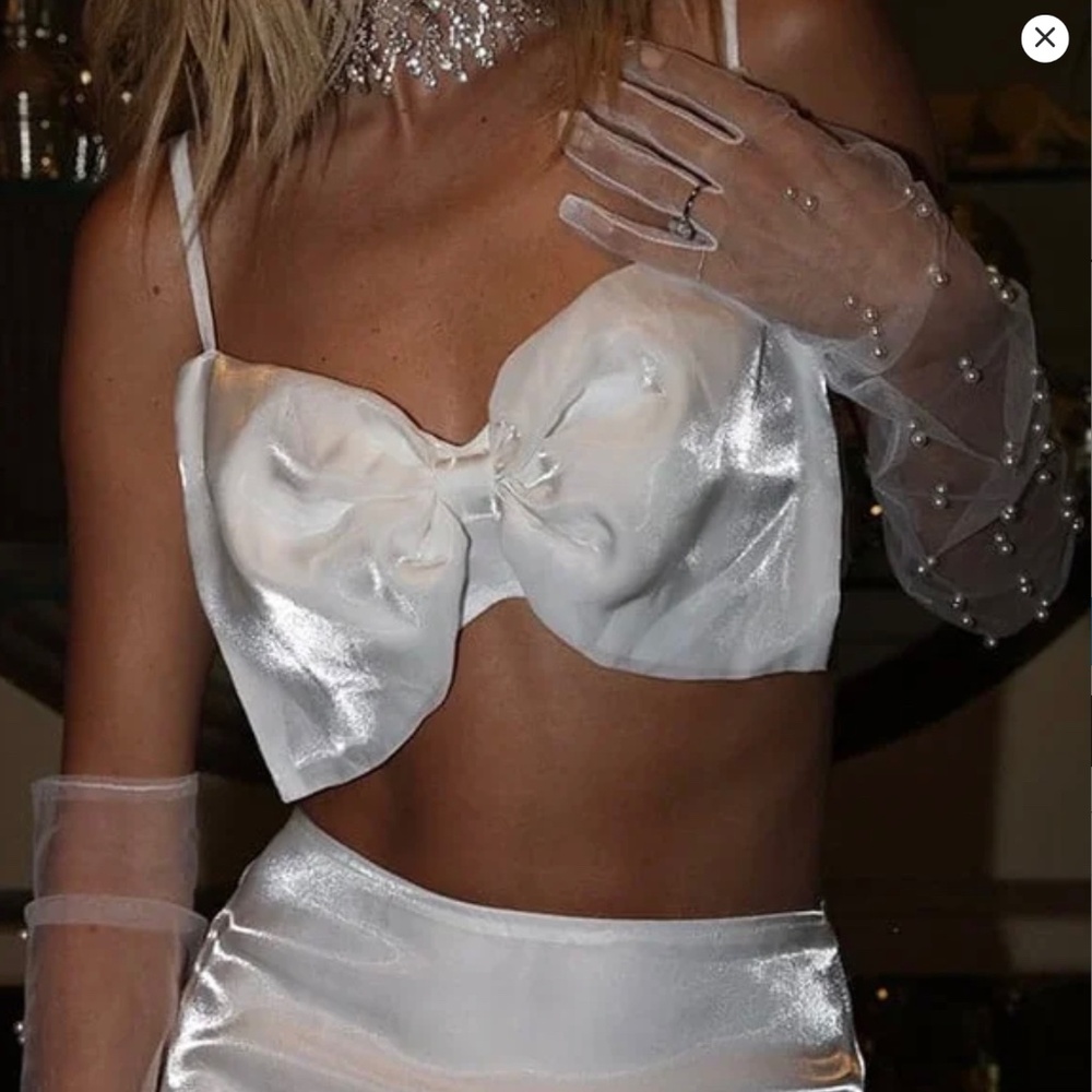 12th Tribe White Satin Bow Front Crop Tank